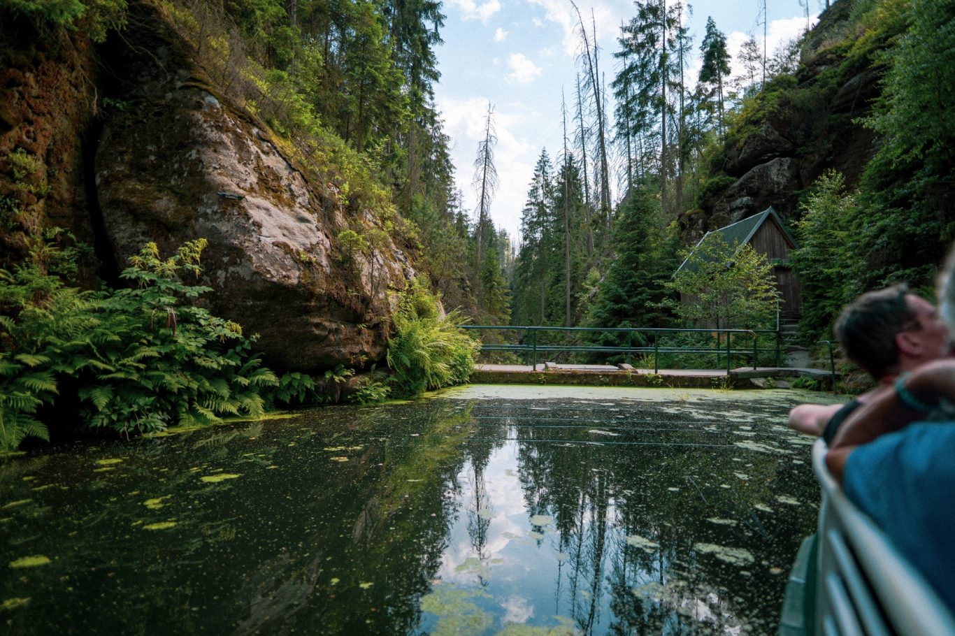 Sächsische Schweiz Ruhiger Wasserweg zwischen Felsen und Bäumen, mit Spiegelung im Wasser.